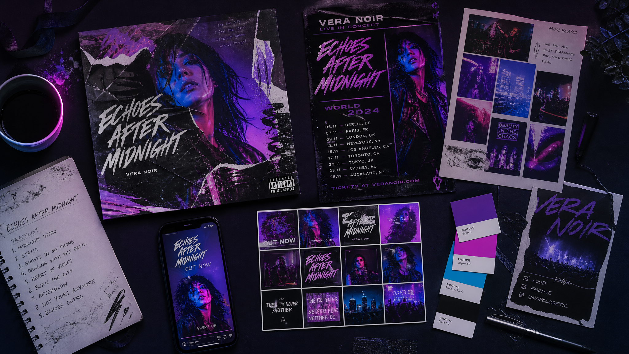 A full release identity — cover, poster, reel, moodboard and swatches laid out in the studio
